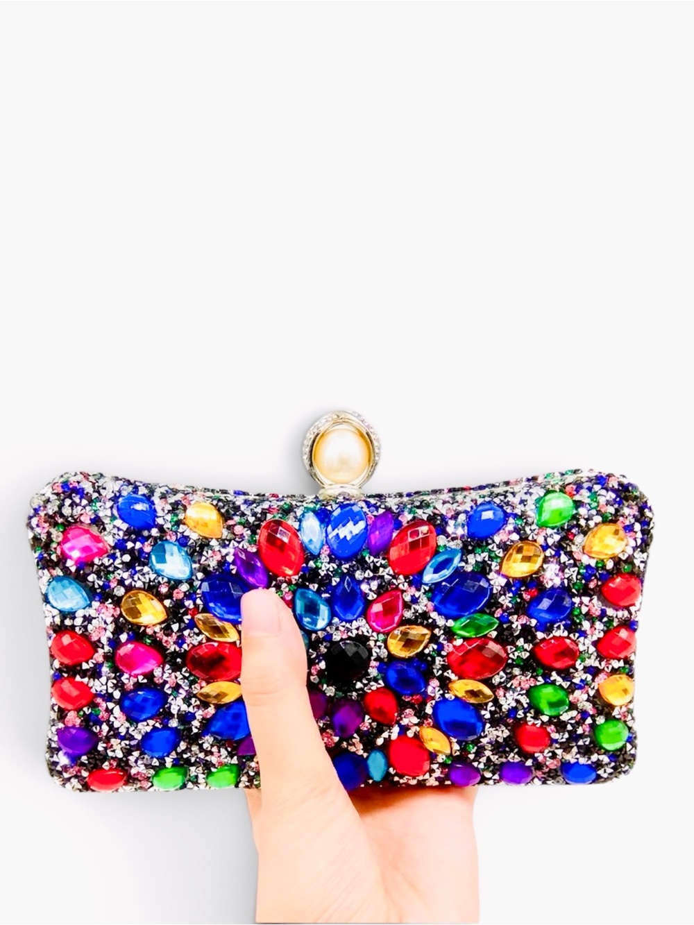 Multicolor Jeweled/Rhinestone Evening Clutch with Pearl Push-Lock